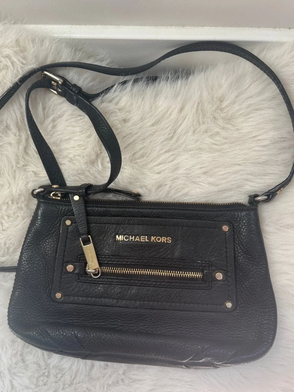 Michael Kors Black Pebbled Leather Crossbody with Gold Accents
